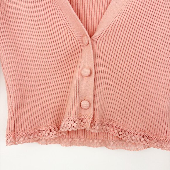 For Love & Lemons Nina Cardigan Size XS Peach Pink Lace Trim Ribbed Button Front - Picture 4 of 10